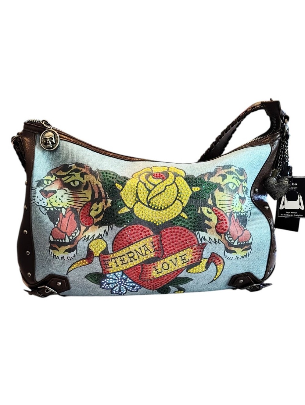 Ed Hardy Blue Canvas and Rhinestone Heart Tiger and Rose Hobo Purse With Charms